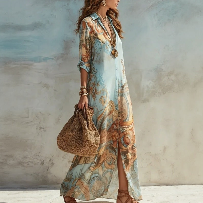 Vestido Doravie™ Chemise Longo Com Estampa Ornamental / Movimento Refinado A Cada Passo Do Seu Dia