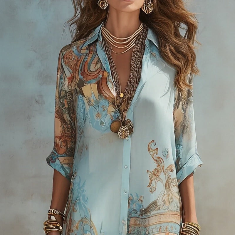 Vestido Doravie™ Chemise Longo Com Estampa Ornamental / Movimento Refinado A Cada Passo Do Seu Dia