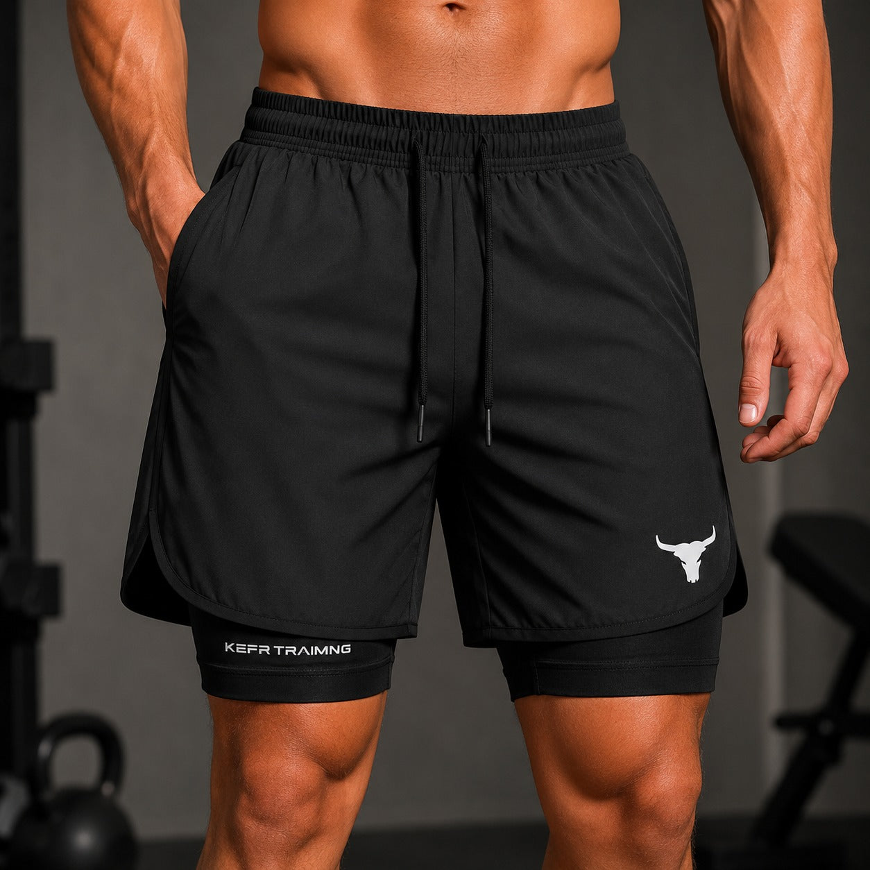 Shorts Kael™ 2 em 1 com Bermuda de Compressão Interna e Cós Ajustável / Estrutura Funcional Para Treinos Intensos.