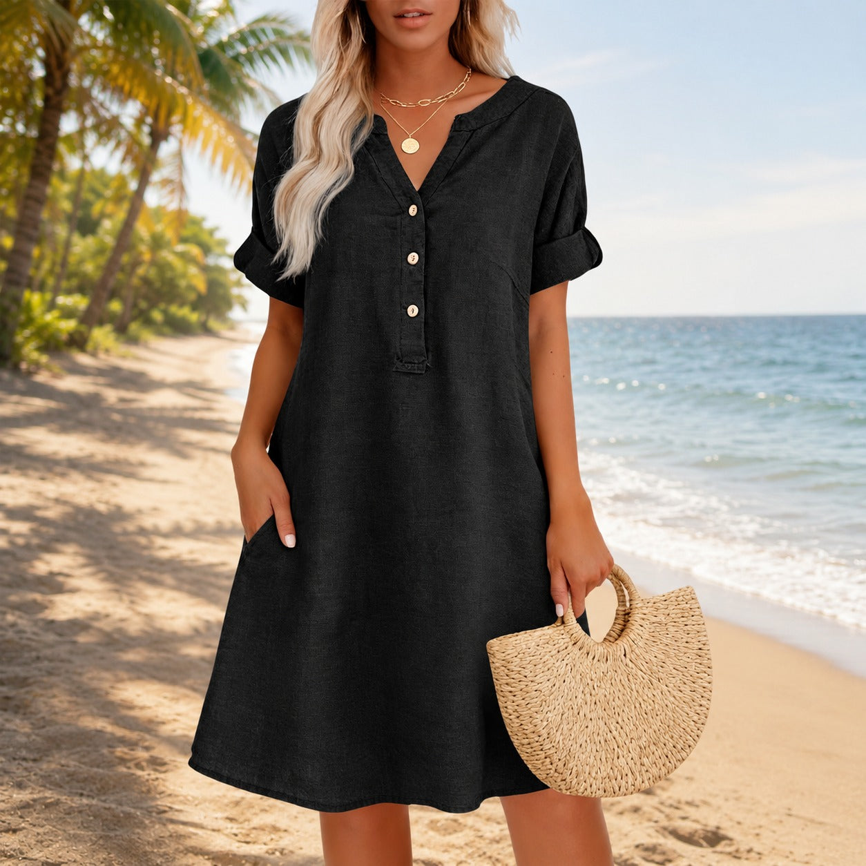 Vestido Ester™ com Decote V, Botões Frontais e Bolsos Laterais