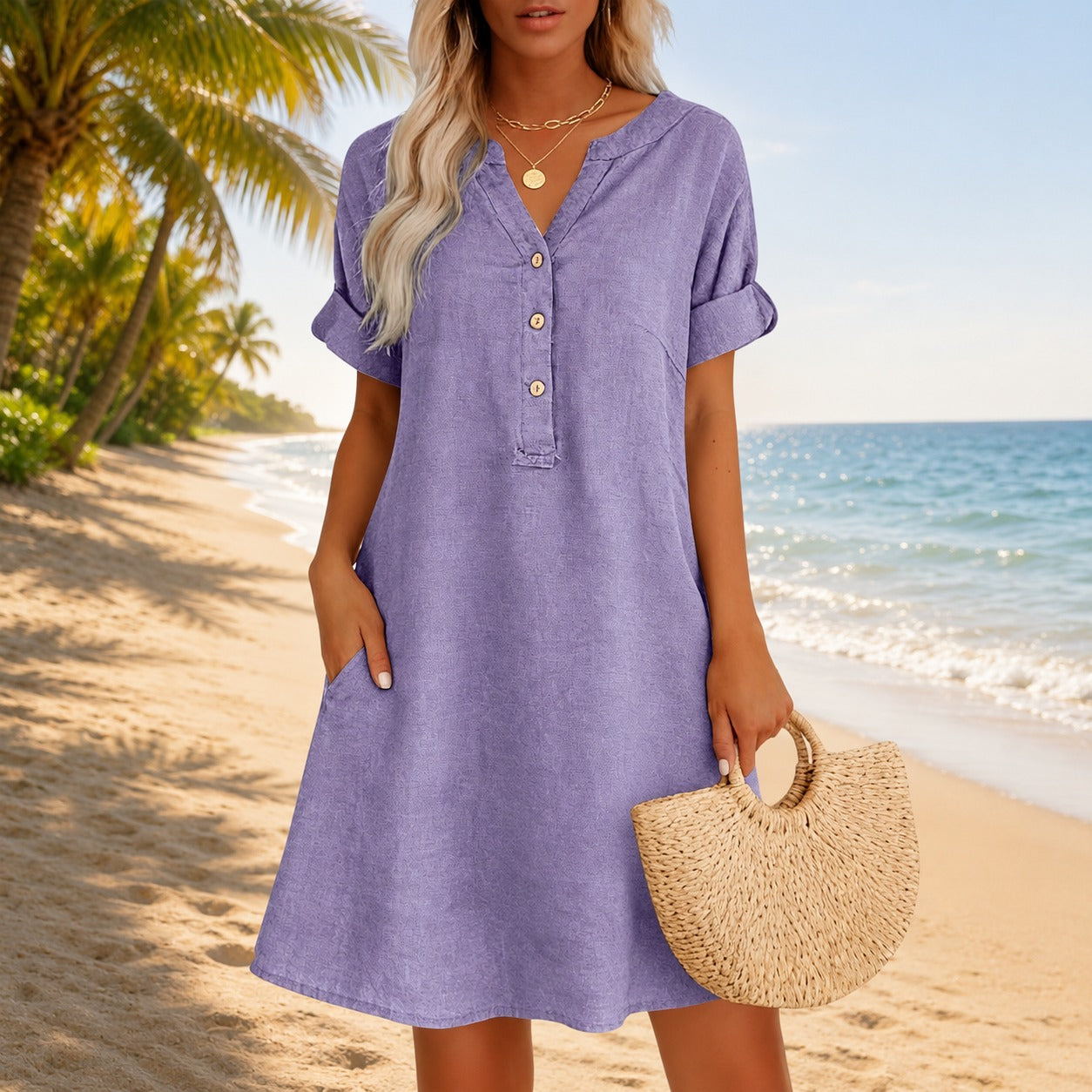 Vestido Ester™ com Decote V, Botões Frontais e Bolsos Laterais