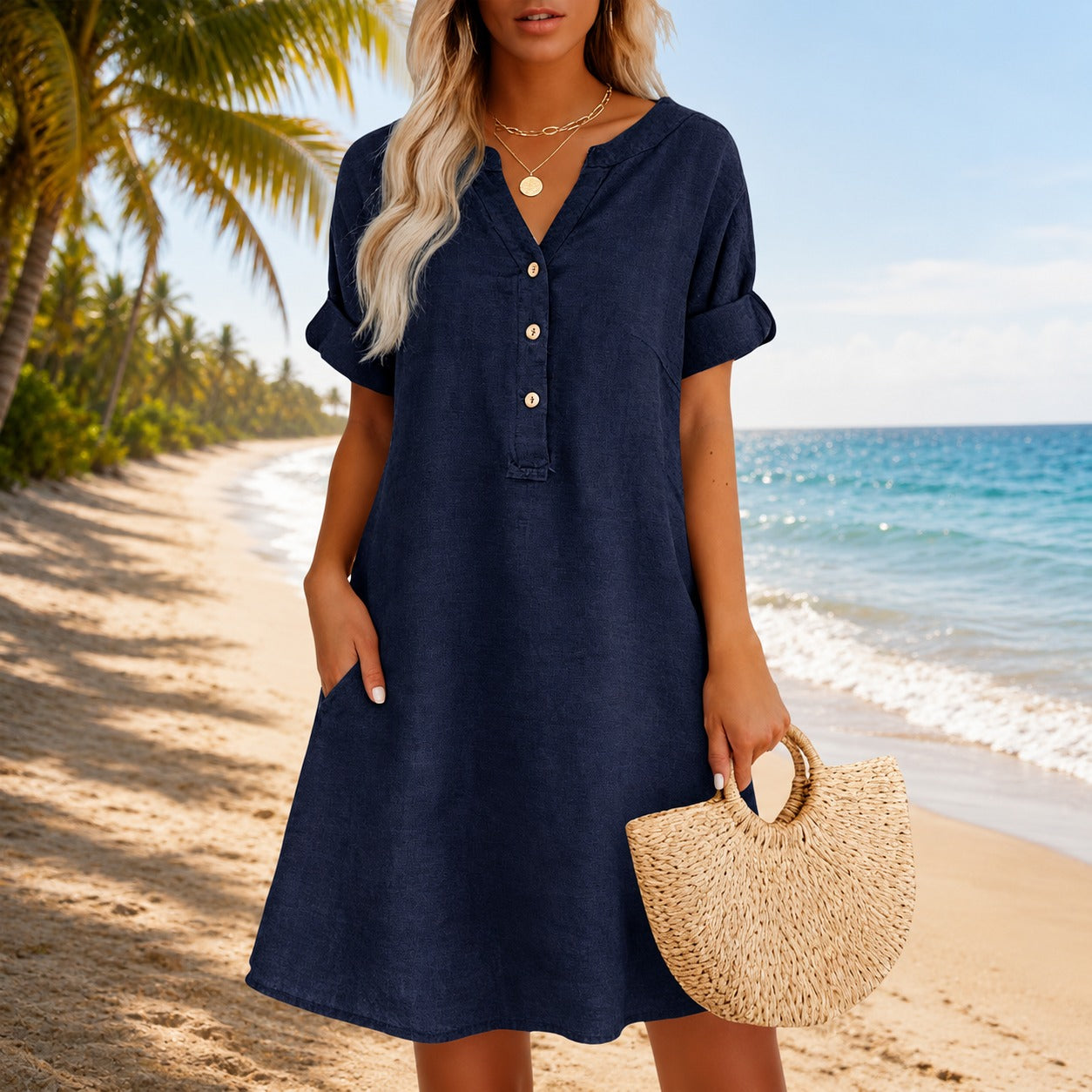 Vestido Ester™ com Decote V, Botões Frontais e Bolsos Laterais