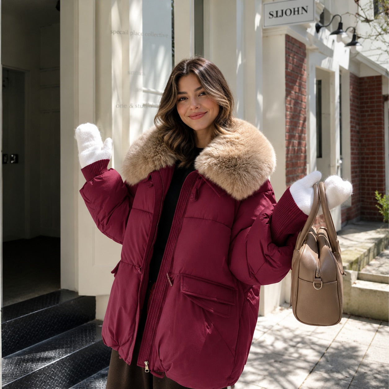 Jaqueta Dorenne™ com Puffer Premium, Gola Peluciada e Punhos Canelados