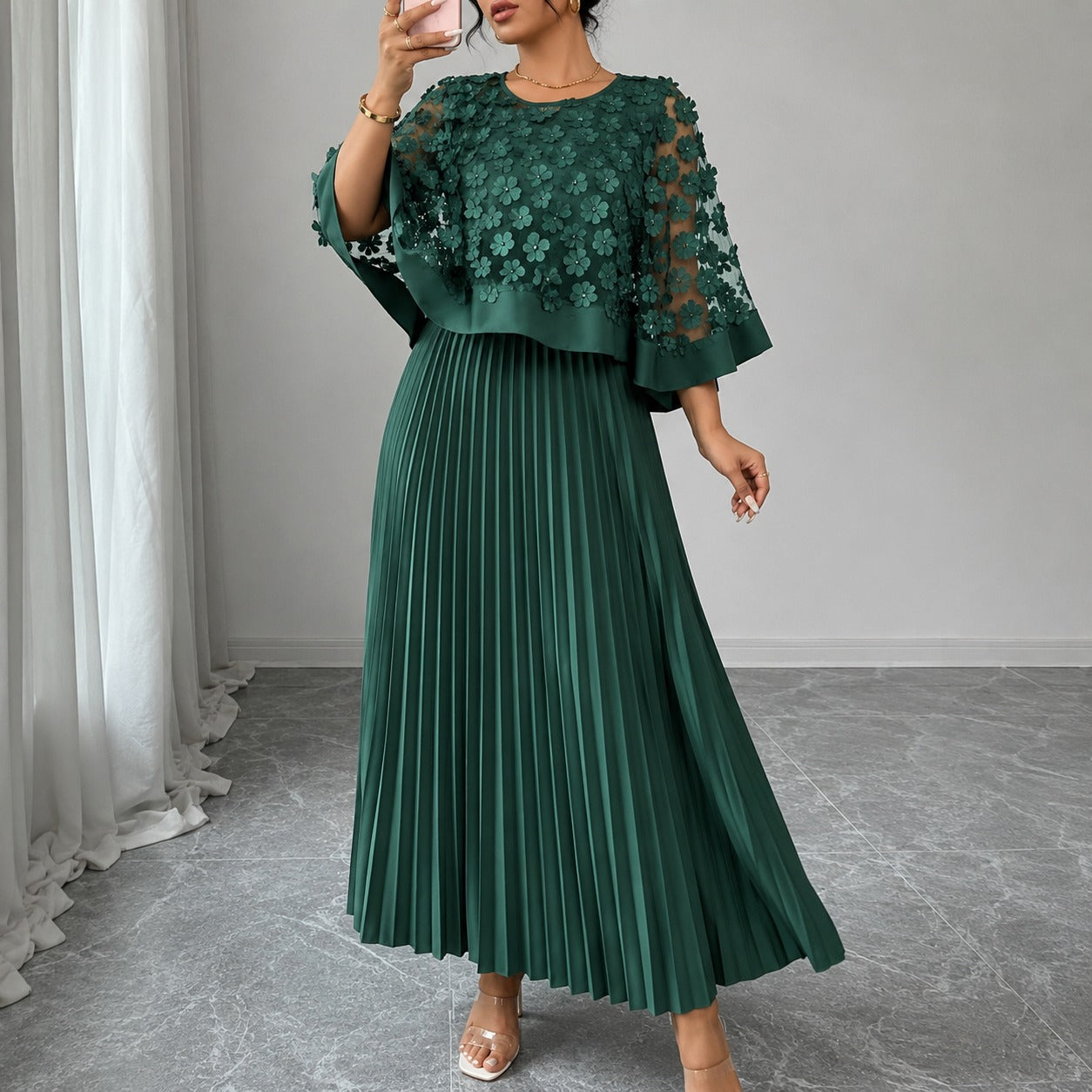 Vestido Rosmara™ de Efeito 2 em 1, com Com Tule Floral 3D e Saia Midi Plissada