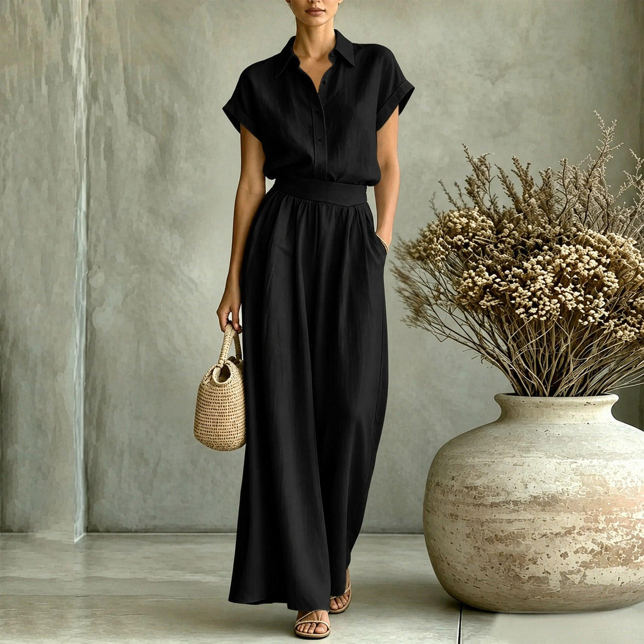 Conjunto Viona™ com Camisa de Gola Clássica e Calça de Cintura Alta / Cintura Valorizada com Leveza e Elegância