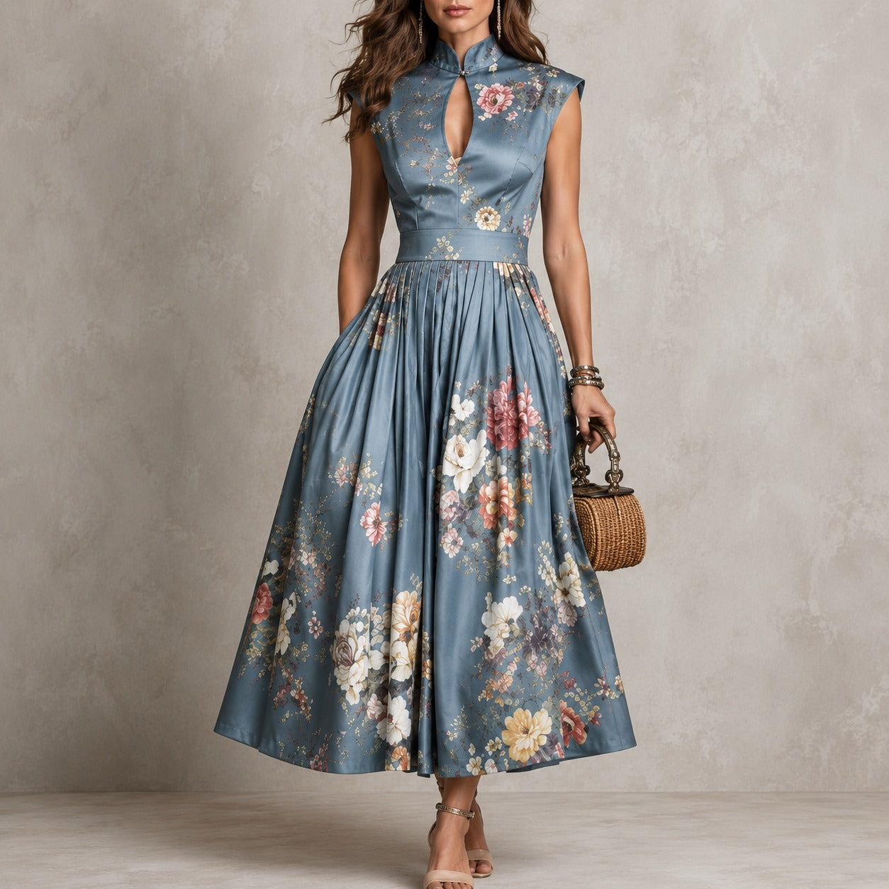 Vestido Vitoriana™ com Gola Mandarim com Abertura e Saia Evasê / Romantismo Sofisticado Sem Exageros