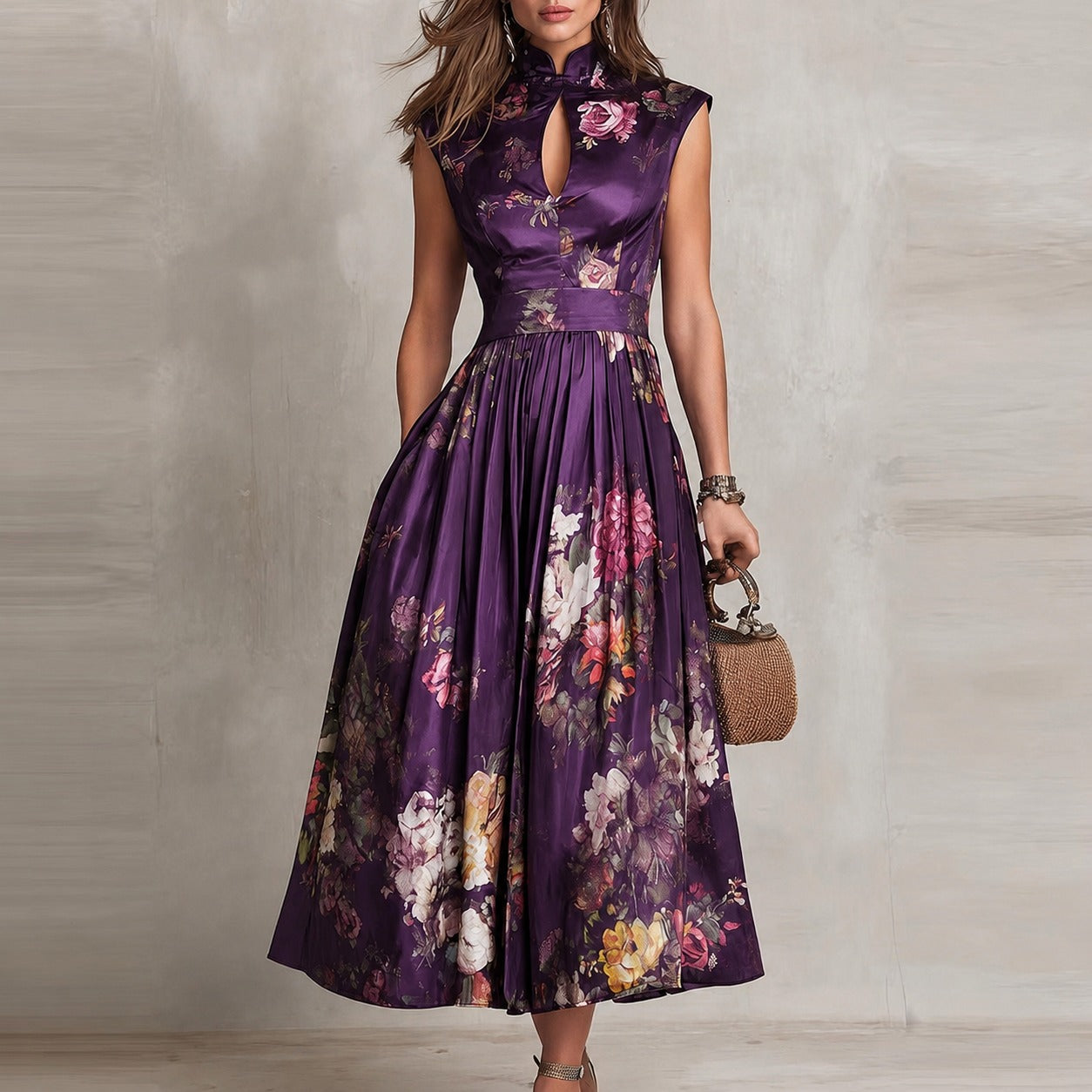 Vestido Vitoriana™ com Gola Mandarim com Abertura e Saia Evasê / Romantismo Sofisticado Sem Exageros