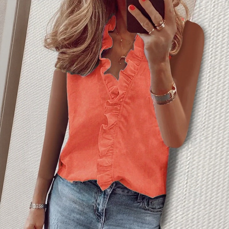 Blusa Violette™ em Chiffon Premium com Babados Frontais e e Modelagem Ampla Sem Mangas / Delicadeza Que Renova O Visual