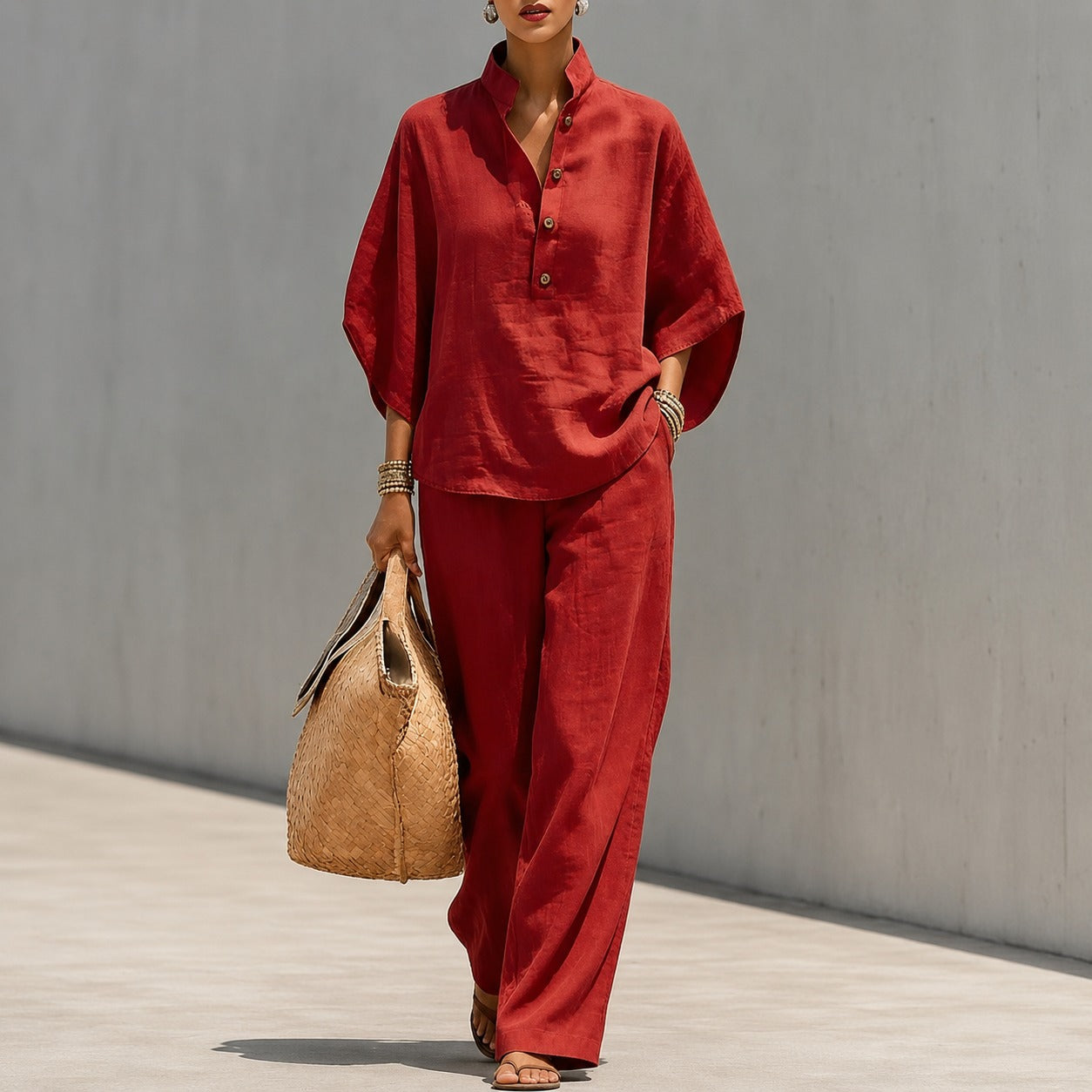Conjunto Liorena™ Com Blusa De Mangas Amplas E Calça Longa / Um Visual Completo Para Viagens E Passeios Sofisticados