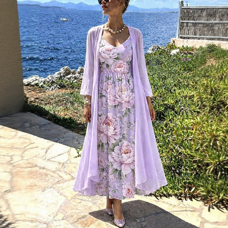 Conjunto Florisse™ com Vestido Midi Floral e Cardigan Longo / Delicadeza Que Se Destaca Com Elegância