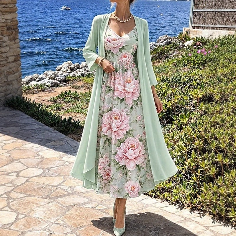 Conjunto Florisse™ com Vestido Midi Floral e Cardigan Longo / Delicadeza Que Se Destaca Com Elegância