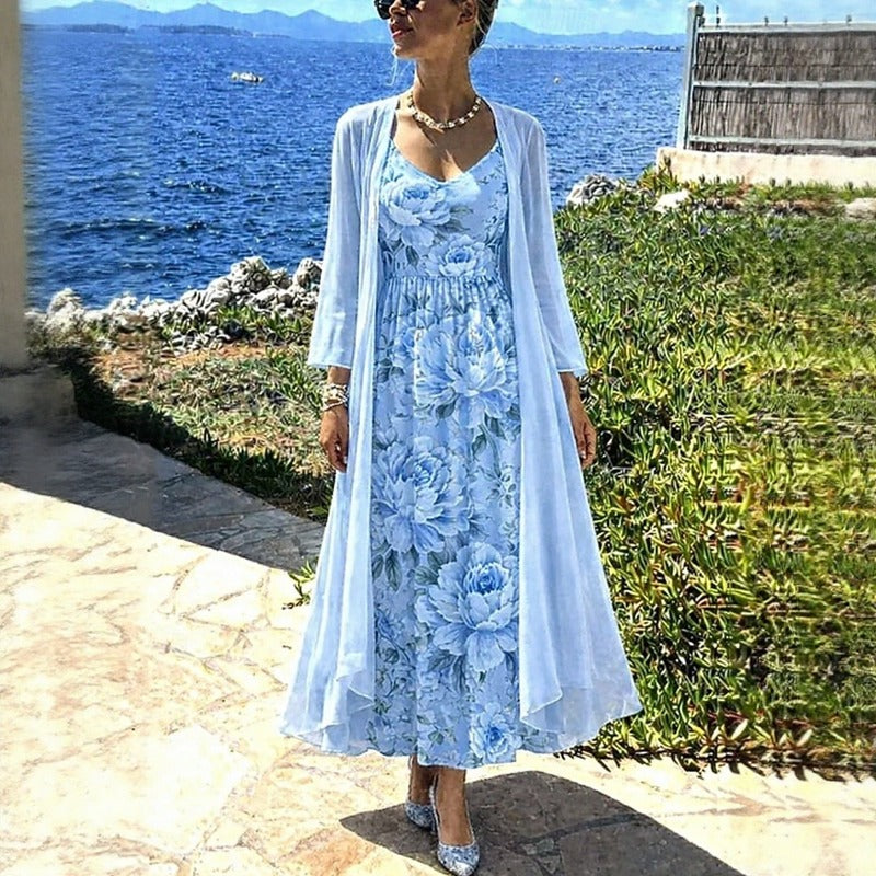 Conjunto Florisse™ com Vestido Midi Floral e Cardigan Longo / Delicadeza Que Se Destaca Com Elegância