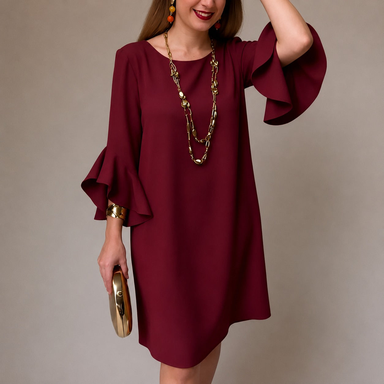 Vestido Lorien™ com Mangas Amplas em Babados e Caimento Fluido / Movimento Delicado Que Transforma a Produção.