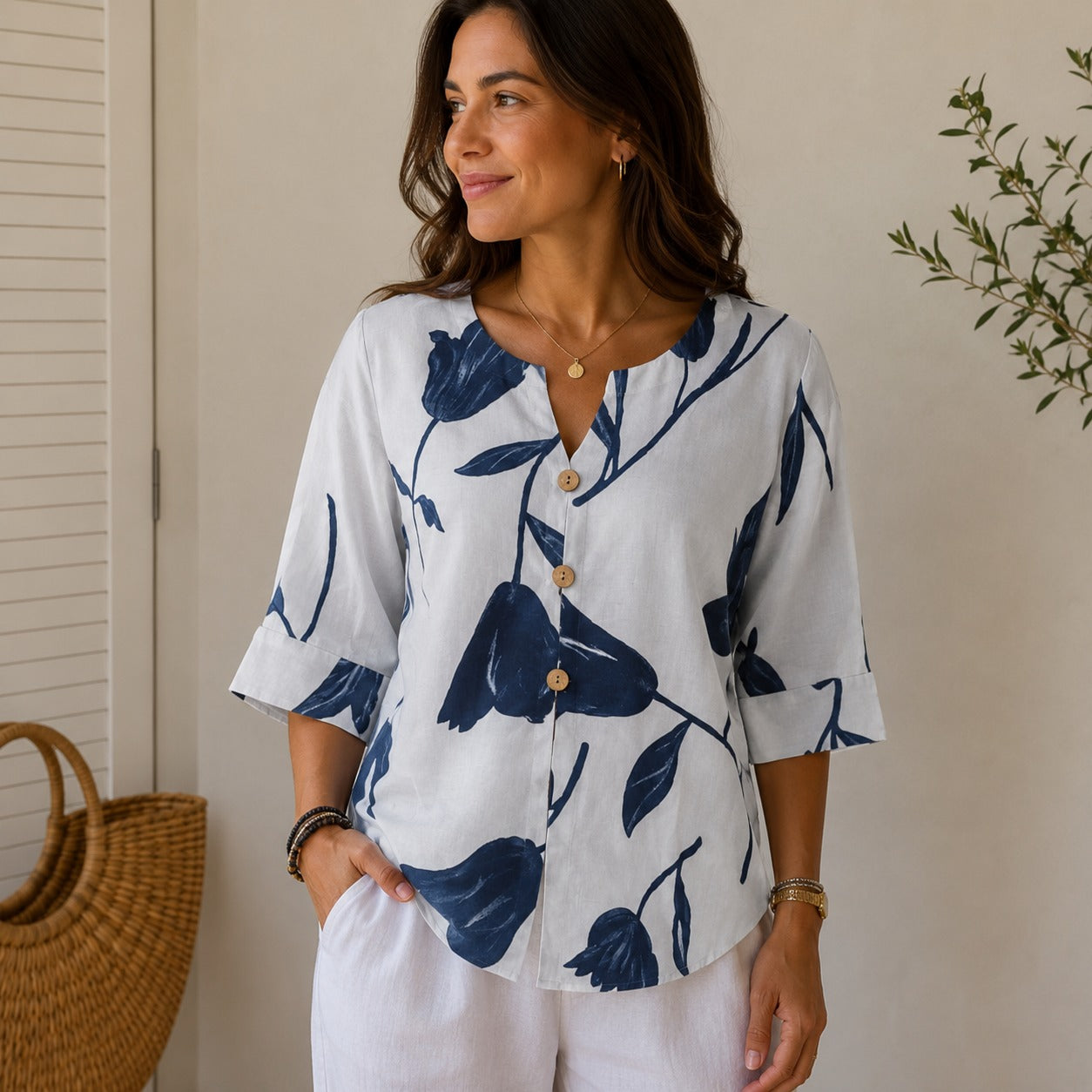 Blusa Giuliana™ em Linho de Algodão com Estampa Floral, Decote V e Botões Frontais,