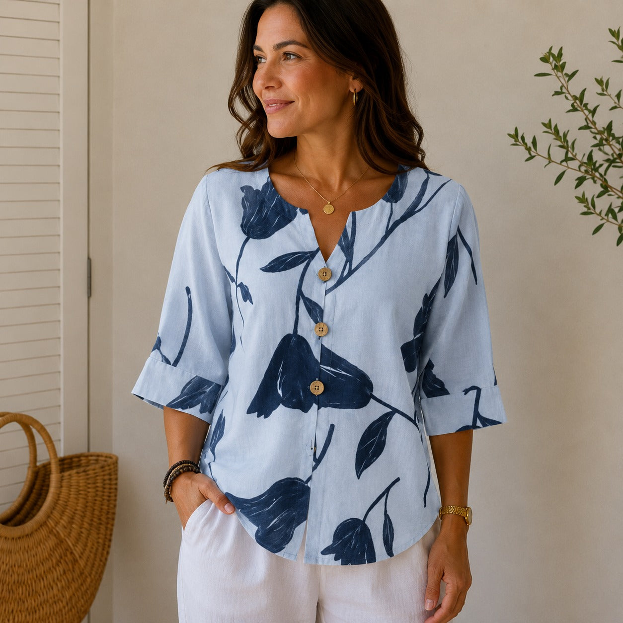 Blusa Giuliana™ em Linho de Algodão com Estampa Floral, Decote V e Botões Frontais,