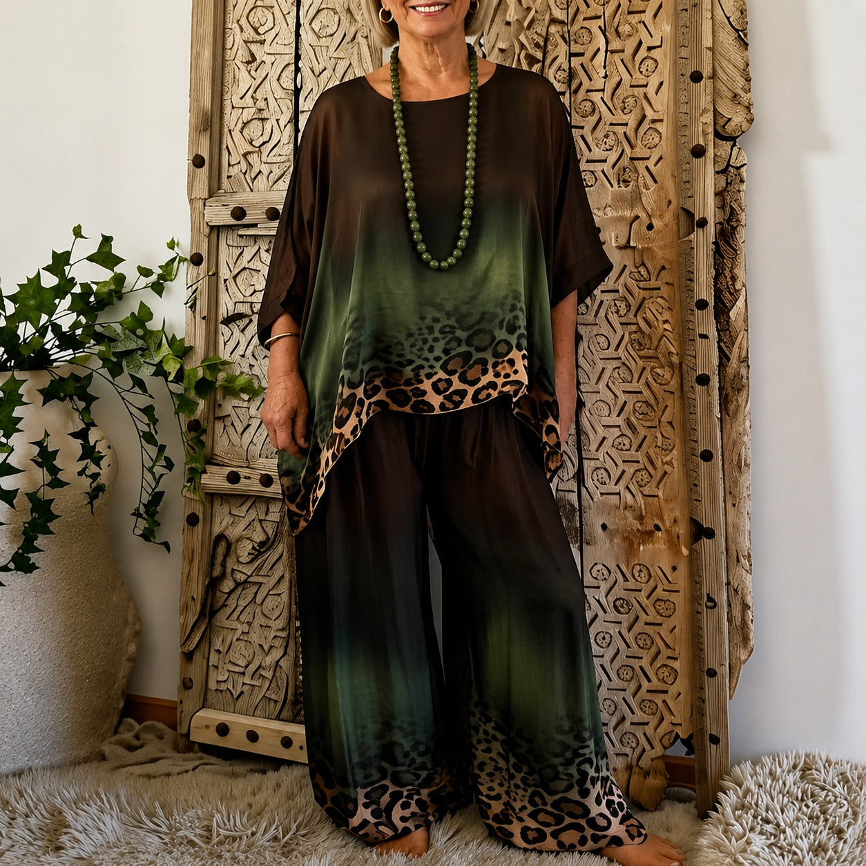 Conjunto Montesa™ com Estampa Animal em Degradê, Blusa Assimétrica e Modelagem Ampla
