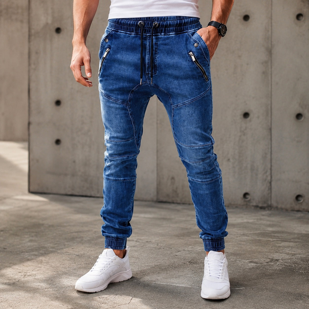 Calça Jeans Bastian™ com Cós Ajustável e Bolsos com Zíper / O Jeans Certo Para Produções Modernas.