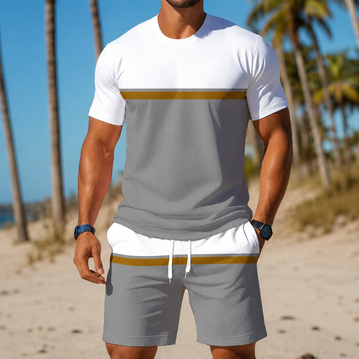 Conjunto Valentino™ com Camiseta Bicolor e Shorts com Cós Ajustável / Visual Esportivo e Alinhado para Dias Leves.
