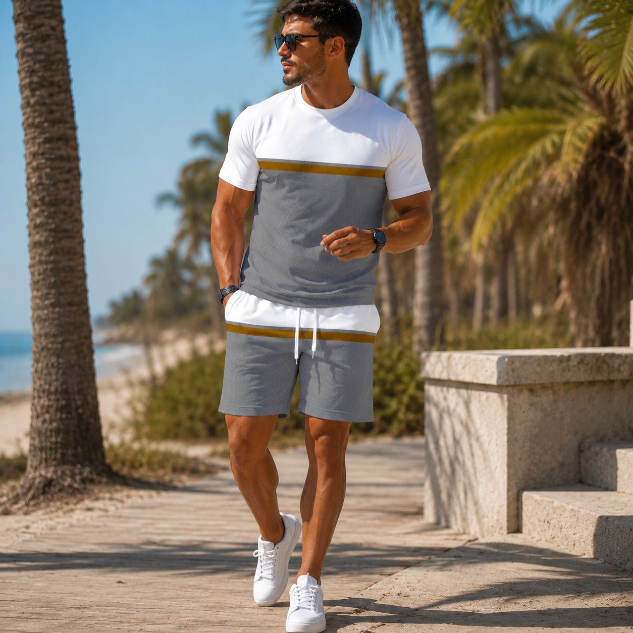 Conjunto Valentino™ com Camiseta Bicolor e Shorts com Cós Ajustável / Visual Esportivo e Alinhado para Dias Leves.