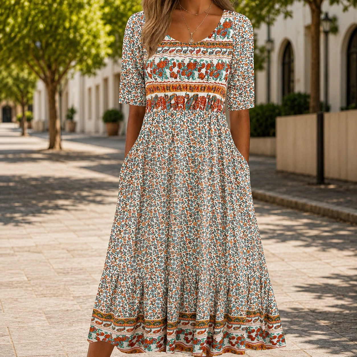 Vestido Catânia™ com Mix de Estampas Florais e Saia Ampla / Um Floral Cheio de Personalidade para Sair do Básico.