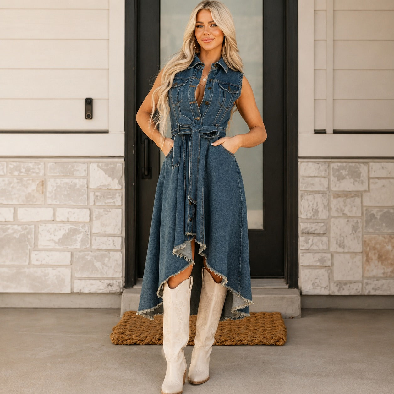 Vestido Jeans Vicenza™ com Botões Frontais e Barra Assimétrica / Um Caimento Que Define a Cintura e se Abre Com Leveza.