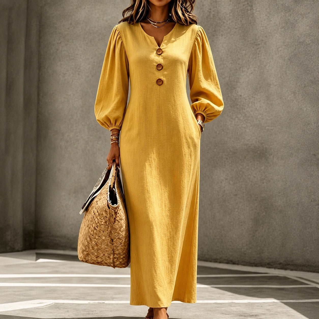 Vestido Roberta™ em Linho de Algodão com Decote V, Botões Frontais e Mangas Bufantes
