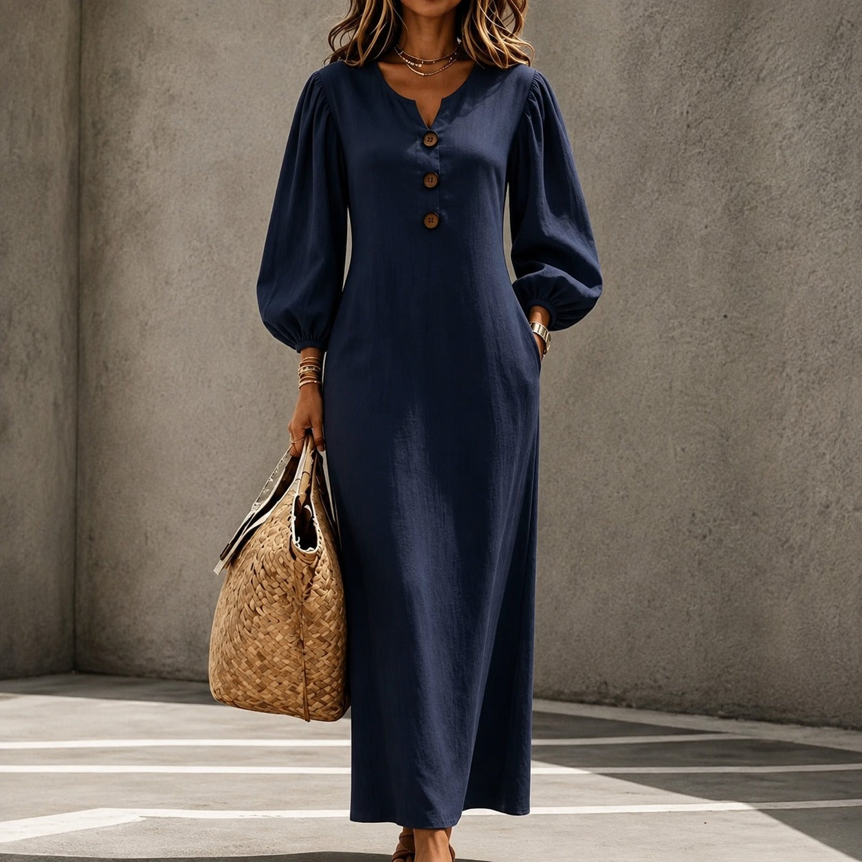 Vestido Roberta™ em Linho de Algodão com Decote V, Botões Frontais e Mangas Bufantes