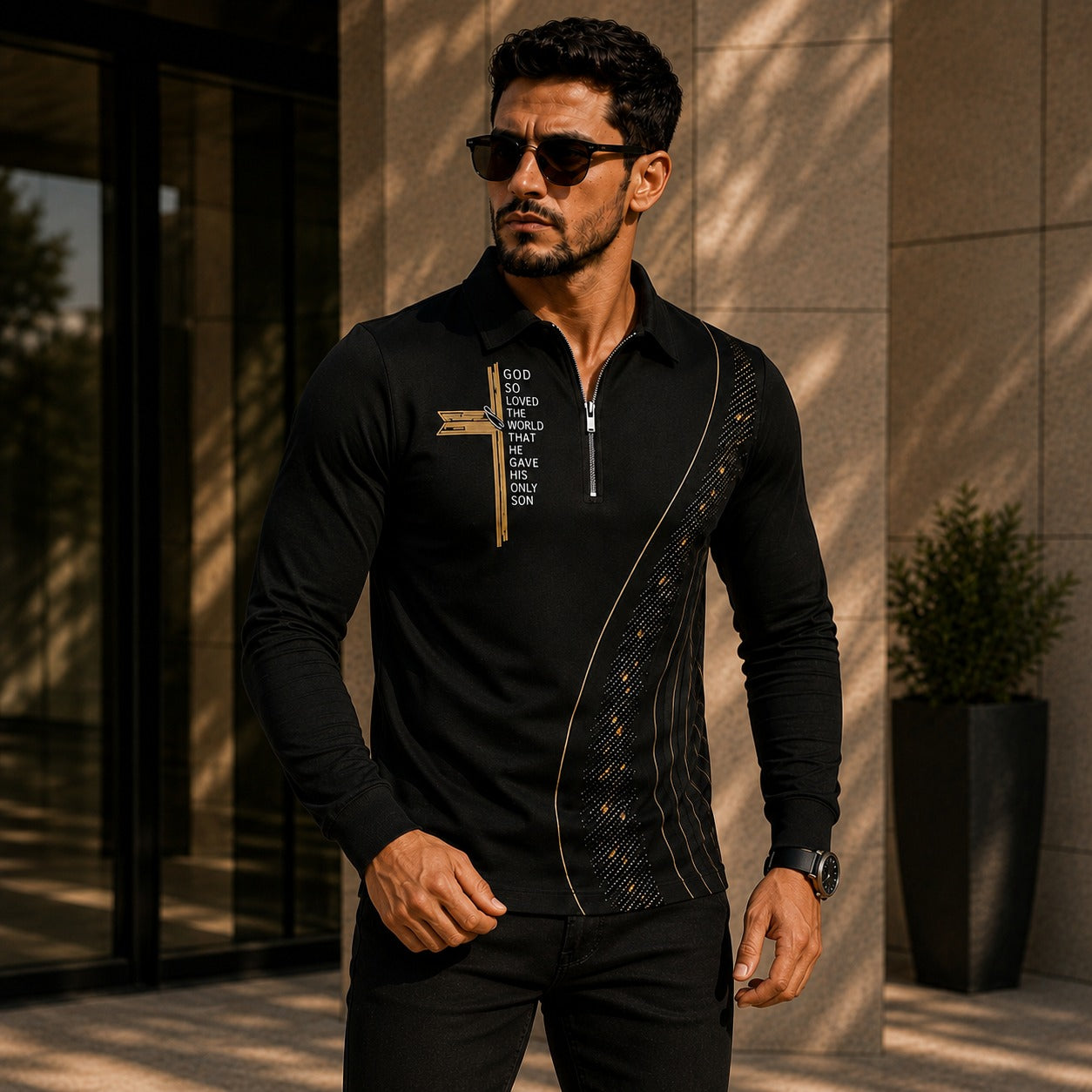 Camisa Lucien™ com Detalhes Dourados e Gola Polo de Zíper / Contrastes Marcantes Para um Visual Sofisticado.