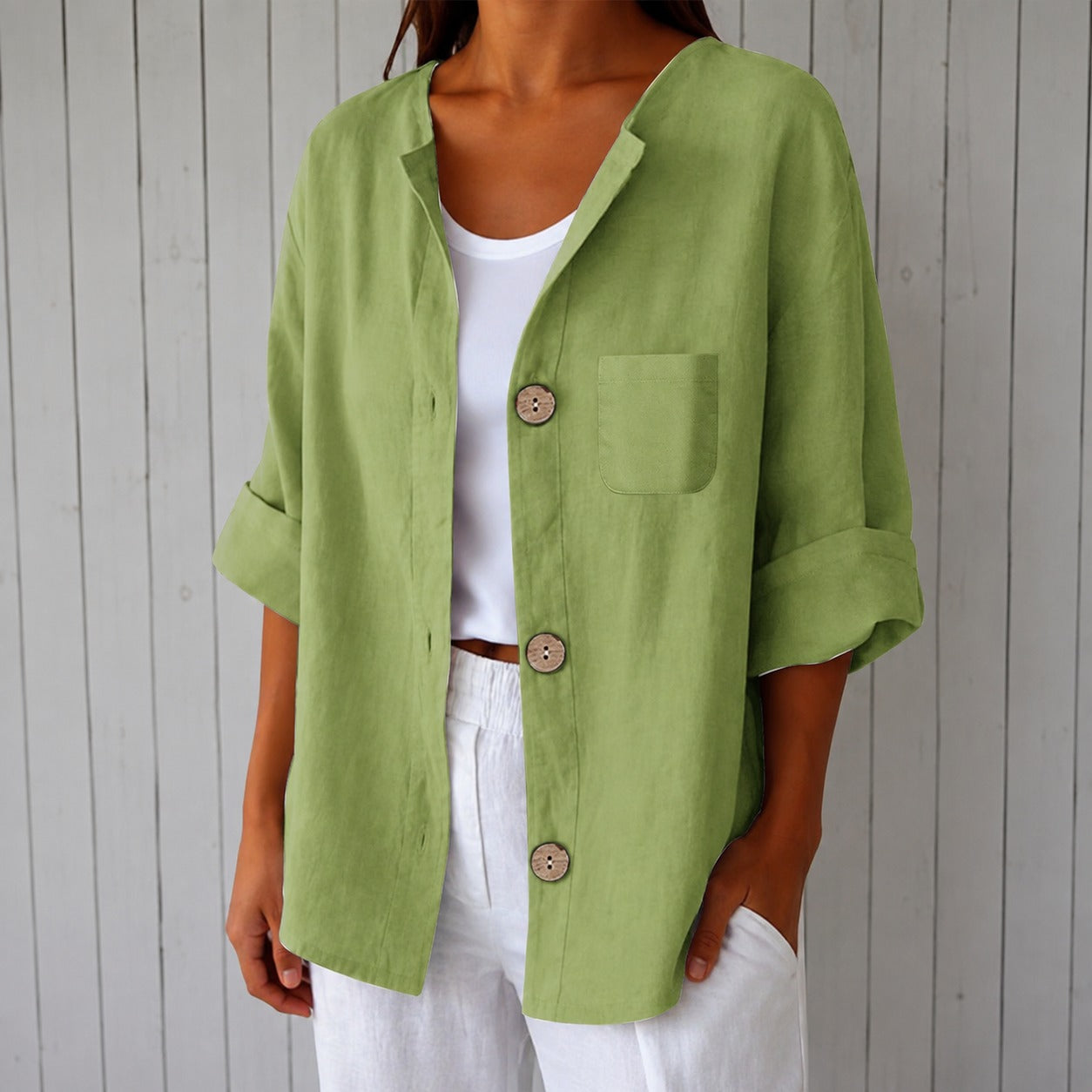 Camisa Giovanna™ em Linho de Algodão com Botões Frontais, Mangas 3/4 e Bolso Frontal
