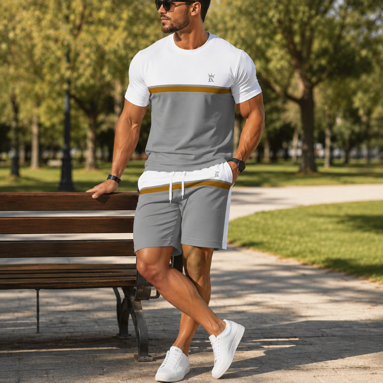 Conjunto Valentino™ com Camiseta Bicolor e Shorts com Cós Ajustável / Visual Esportivo e Alinhado para Dias Leves.