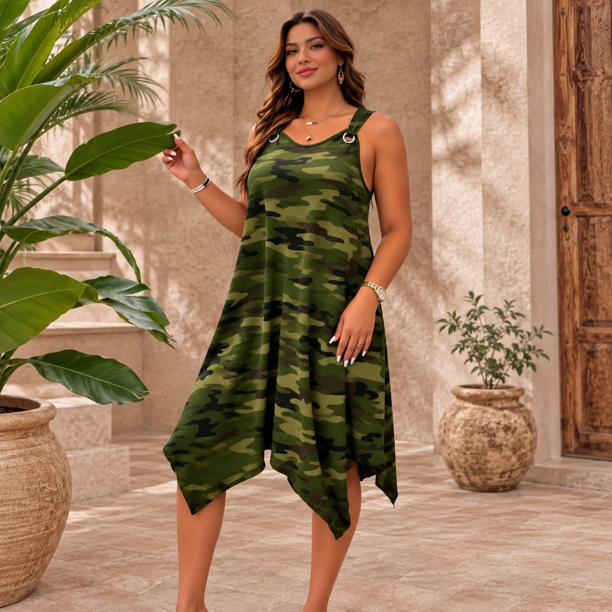 Vestido Amaya™ com Estampa Camuflada e Barra Assimétrica / Movimento Que Transforma o Visual a Cada Passo.