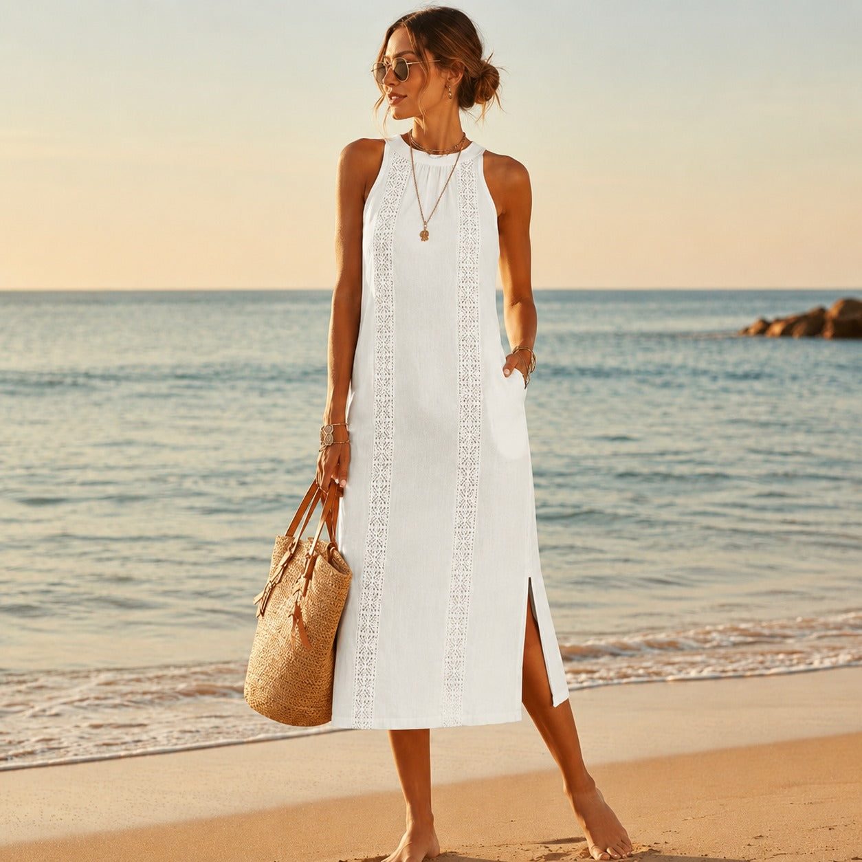 Vestido Coralia™ em Linho de Algodão, Saia Godê e Detalhes Ornamentais Verticais