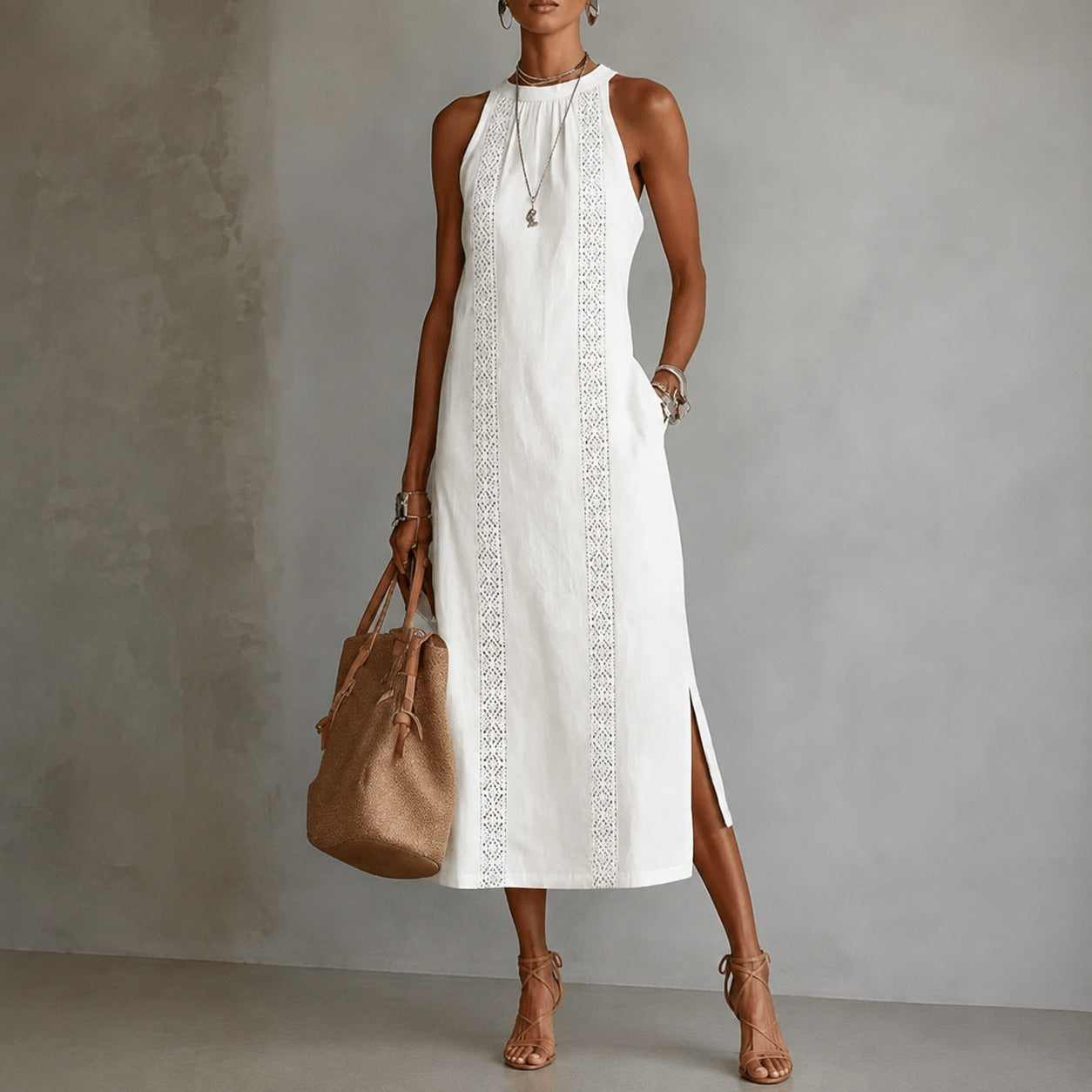Vestido Coralia™ em Linho de Algodão, Saia Godê e Detalhes Ornamentais Verticais