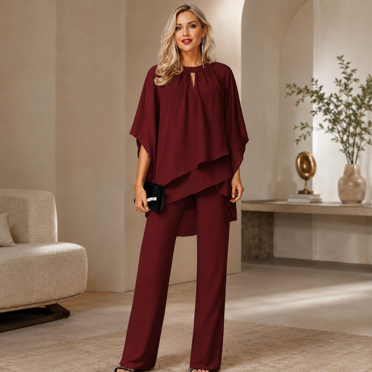 Conjunto Celienne™ com Blusa em Chiffon, Barra Mullet e Calça de Corte Reto Sofisticado / Um Look Completo Para Ocasiões Especiais