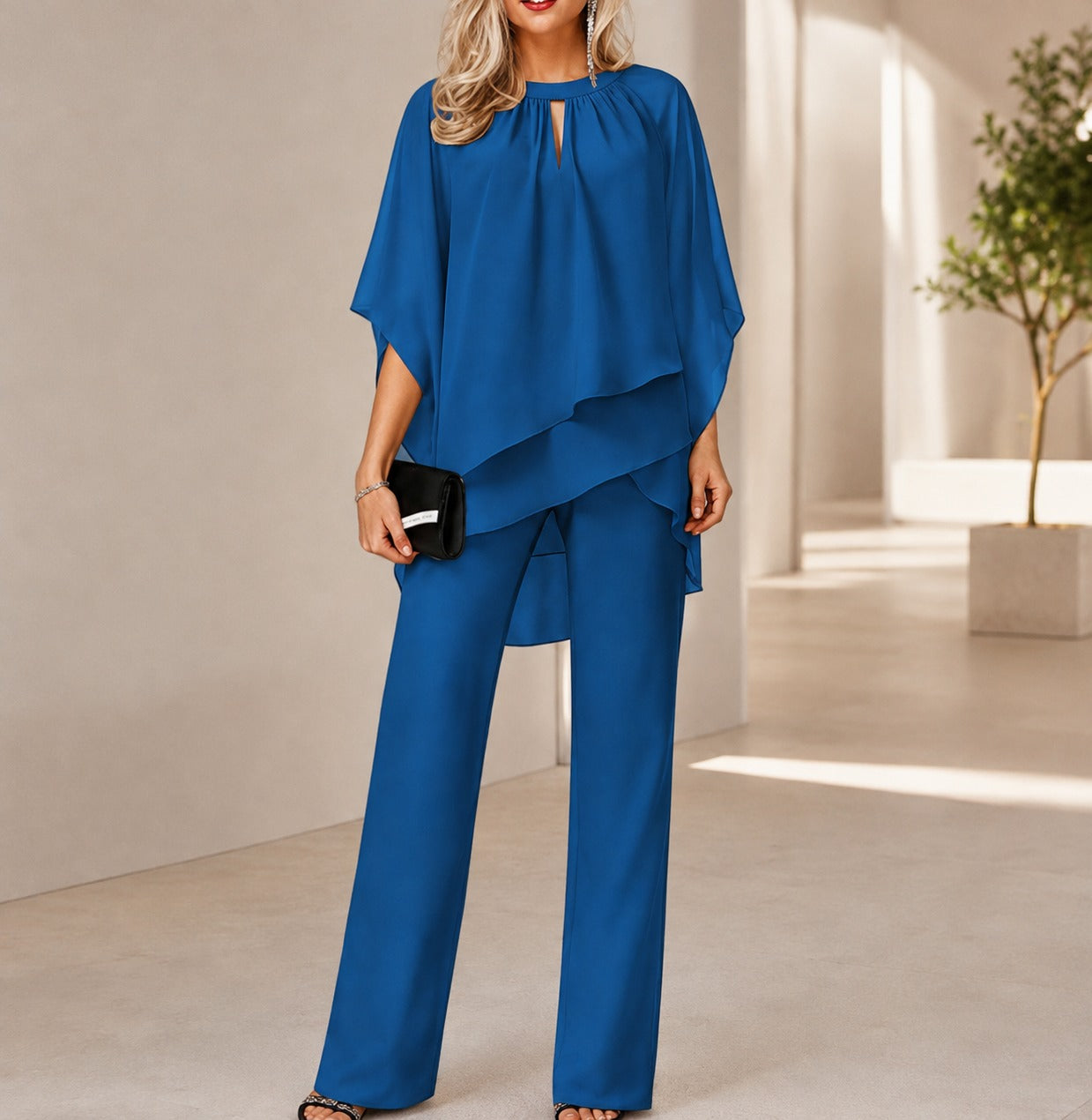 Conjunto Celienne™ com Blusa em Chiffon, Barra Mullet e Calça de Corte Reto Sofisticado / Um Look Completo Para Ocasiões Especiais