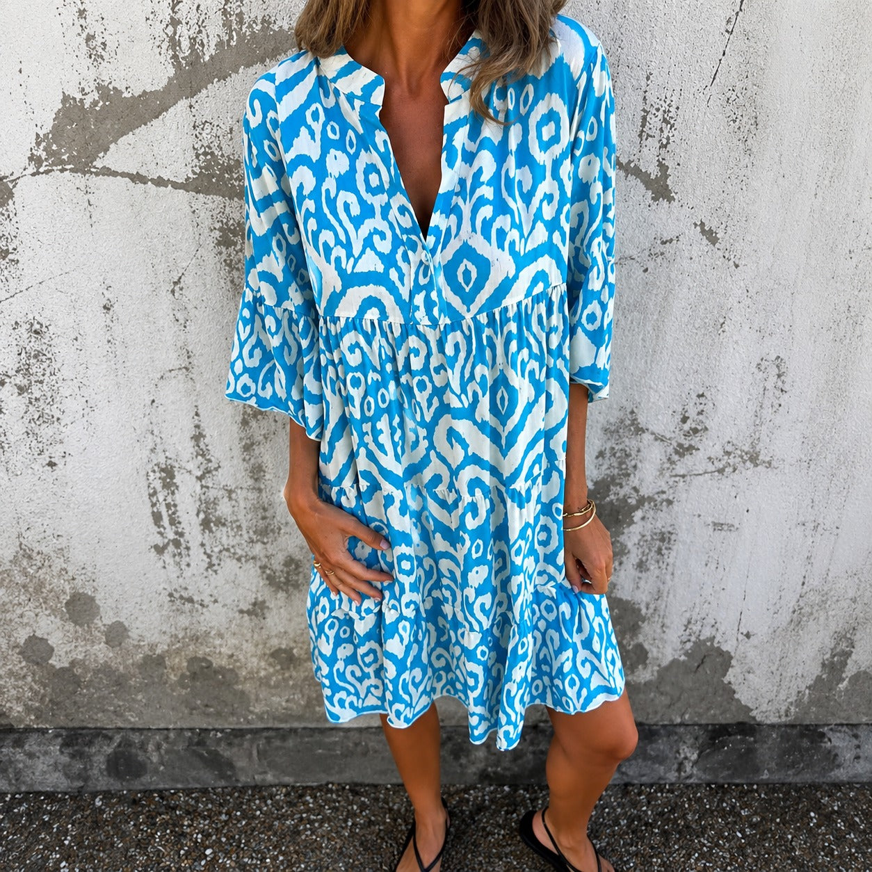 Vestido Amarena™ com Estampa Abstrata Ornamental e Mangas 3/4 / Personalidade Na Medida Certa Para Sair Do Básico