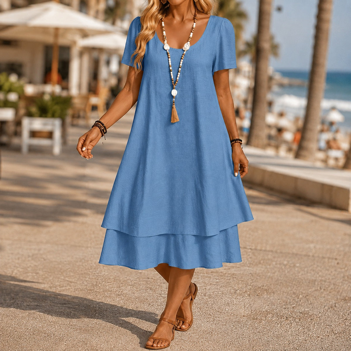 Vestido Midi Martina™ com Decote Elegante, Mangas Curtas e Saia Evasê com Camadas