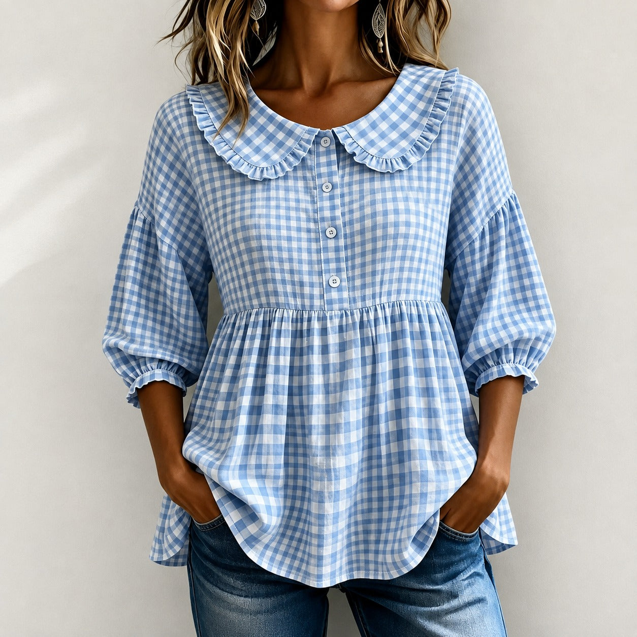 Blusa Mariana™ com Babados na Gola, Xadrez Vichy e Mangas Bufantes