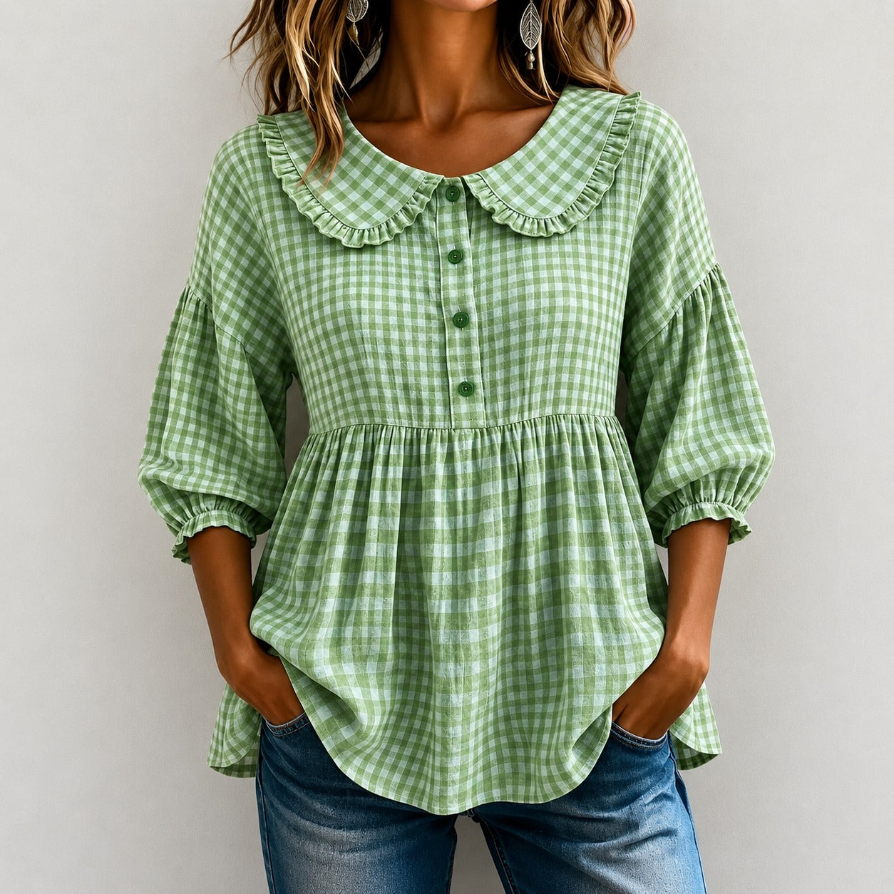 Blusa Mariana™ com Babados na Gola, Xadrez Vichy e Mangas Bufantes