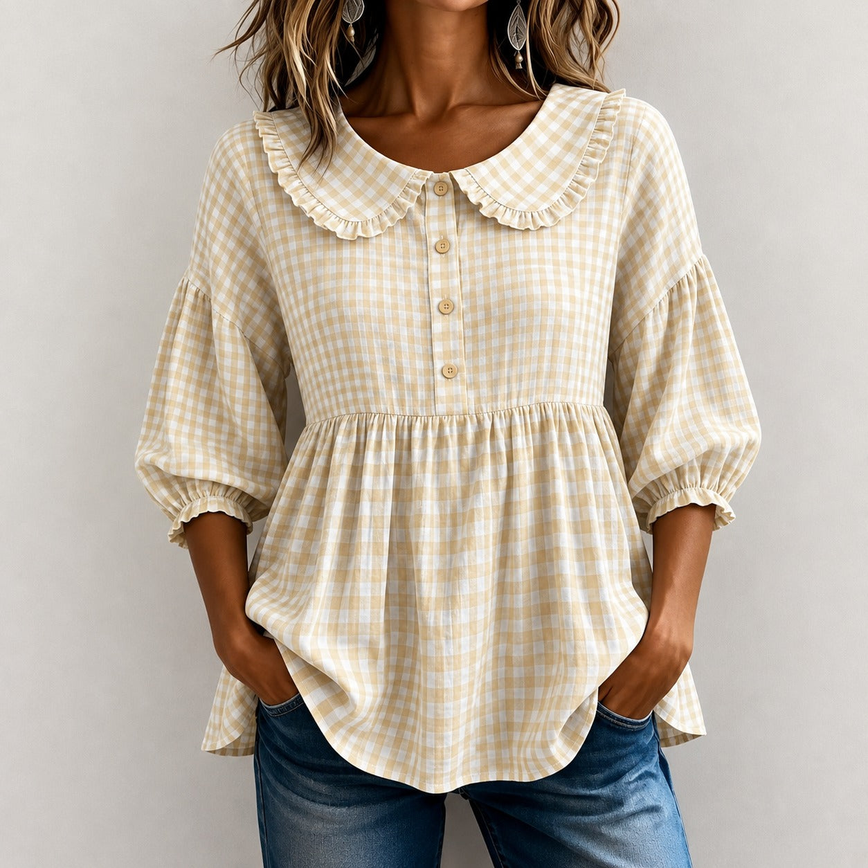 Blusa Mariana™ com Babados na Gola, Xadrez Vichy e Mangas Bufantes