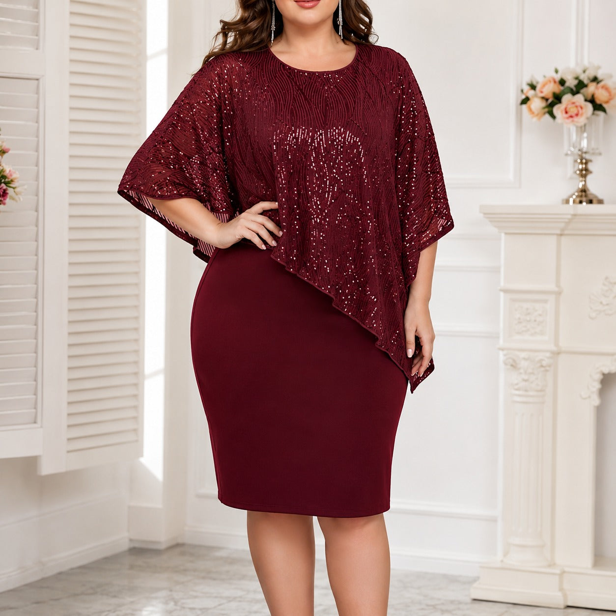 Vestido Midi Liz™ com Sobreposição Assimétrica, Detalhes Brilhantes e Decote Arredondado