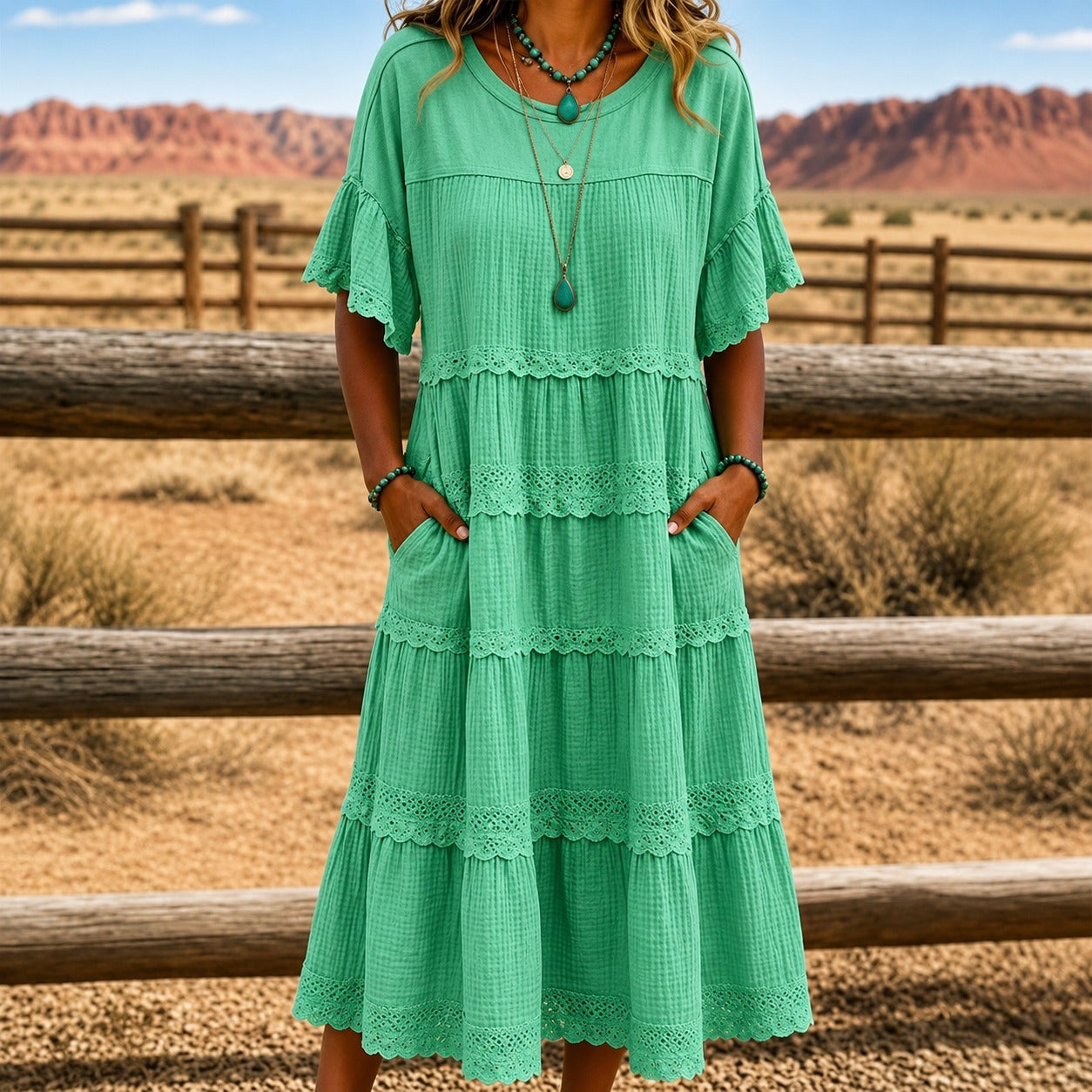 Vestido Adélia™ com Modelagem em Camadas, Renda e Bolsos Laterais