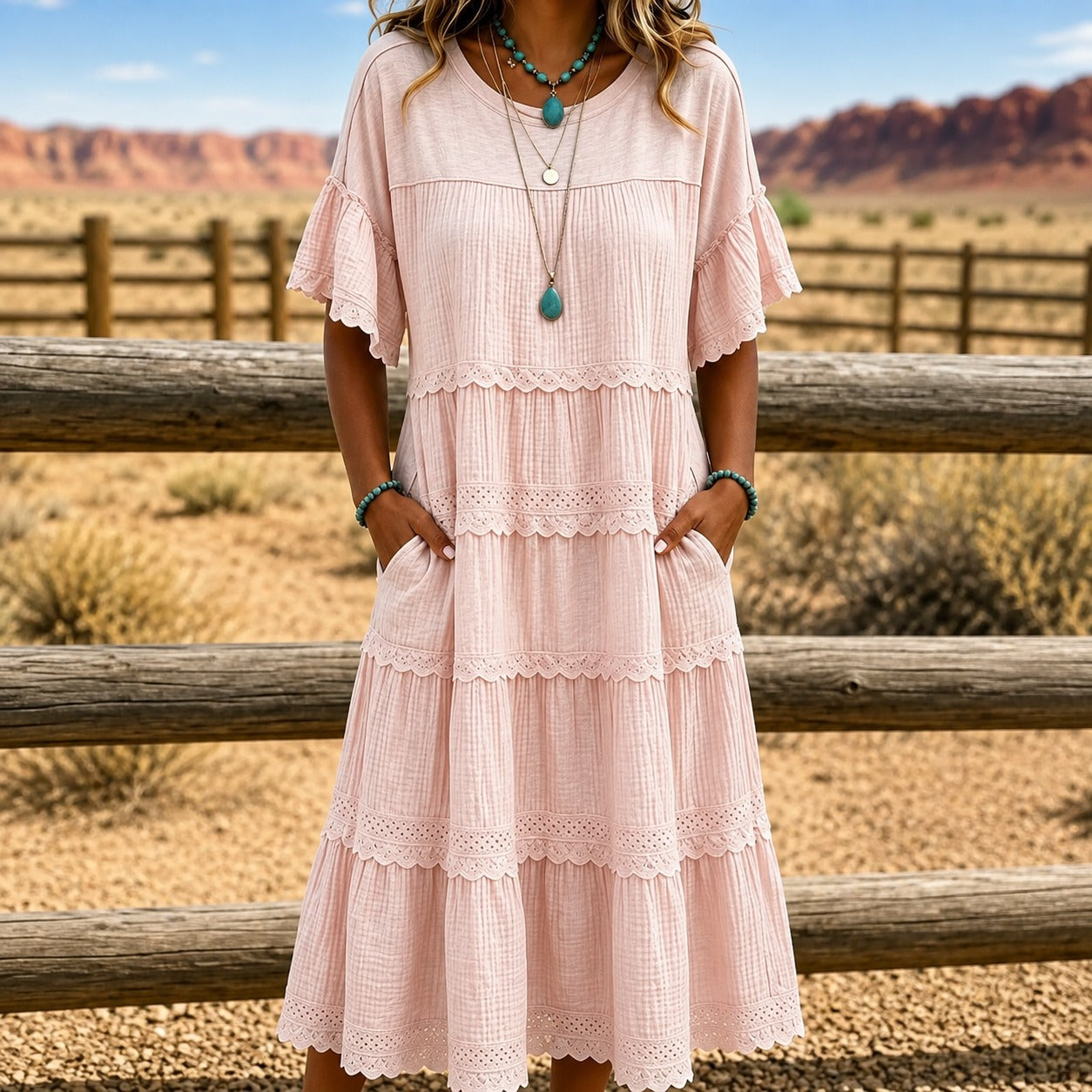 Vestido Adélia™ com Modelagem em Camadas, Renda e Bolsos Laterais