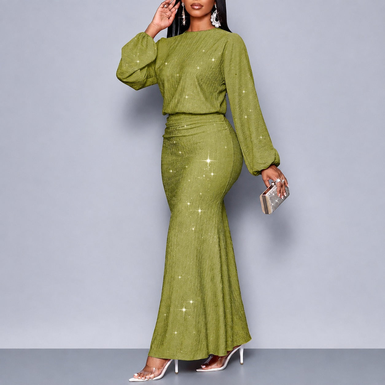 Vestido Longo Viviana™ com Efeito Cintilante, Cintura Marcada e Mangas Longas
