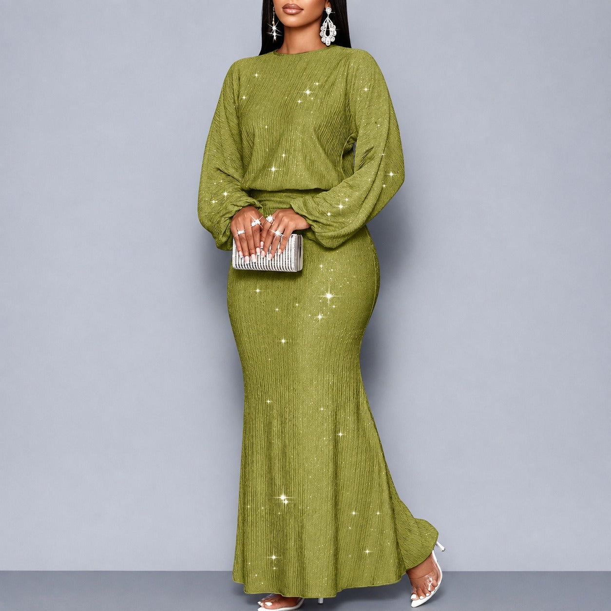Vestido Longo Viviana™ com Efeito Cintilante, Cintura Marcada e Mangas Longas