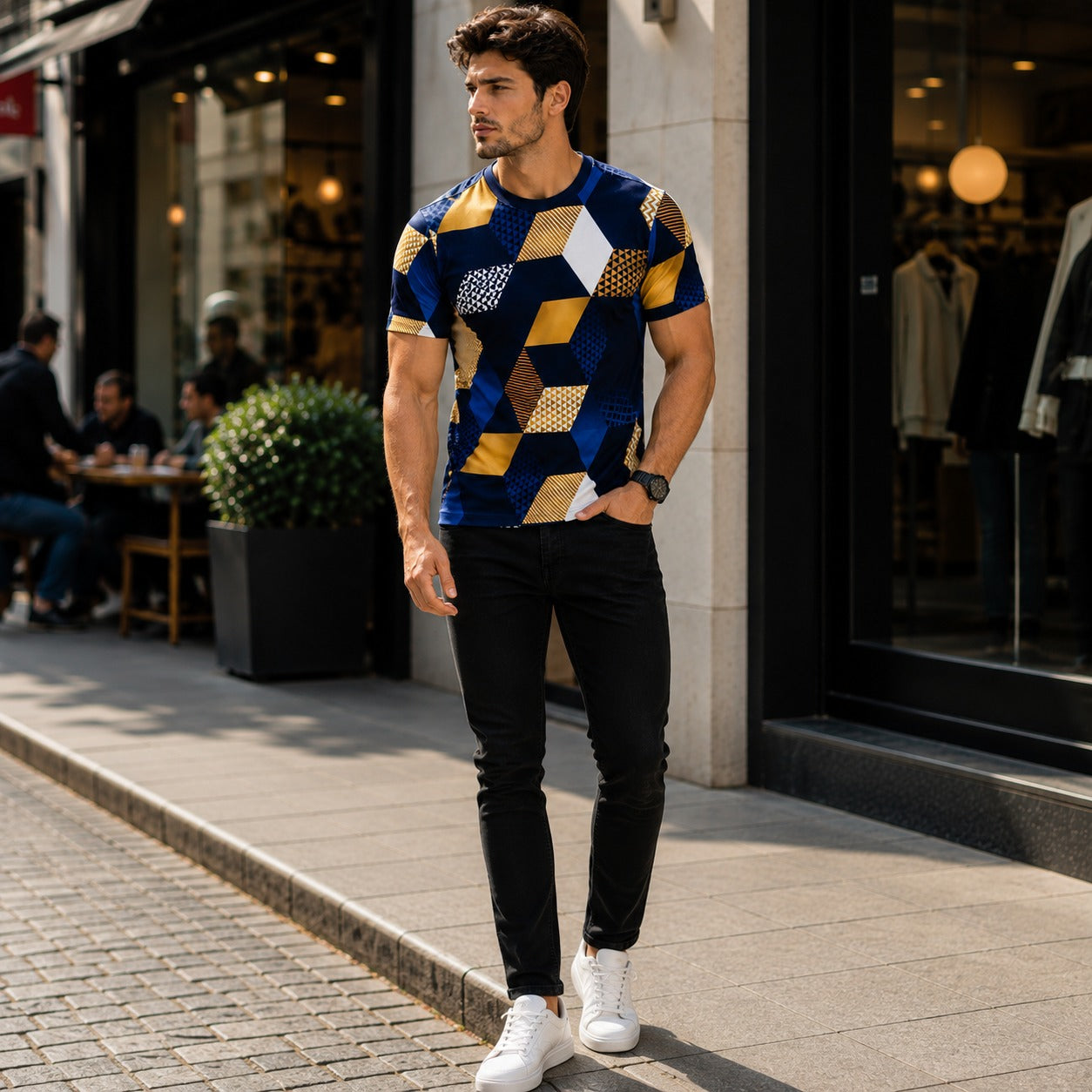 Camiseta Domênico™ com Estampa Geométrica e Gola Redonda / Um Visual Contemporâneo Fácil de Combinar no Dia a Dia.