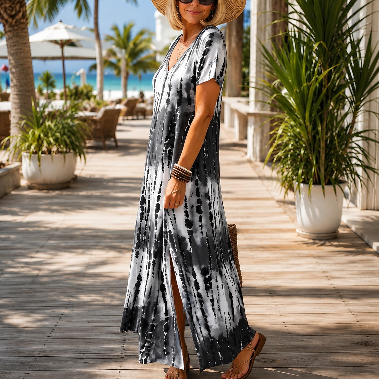 Vestido Longo Verena™ com Estampa Ornamental, Decote V e Fendas Laterais