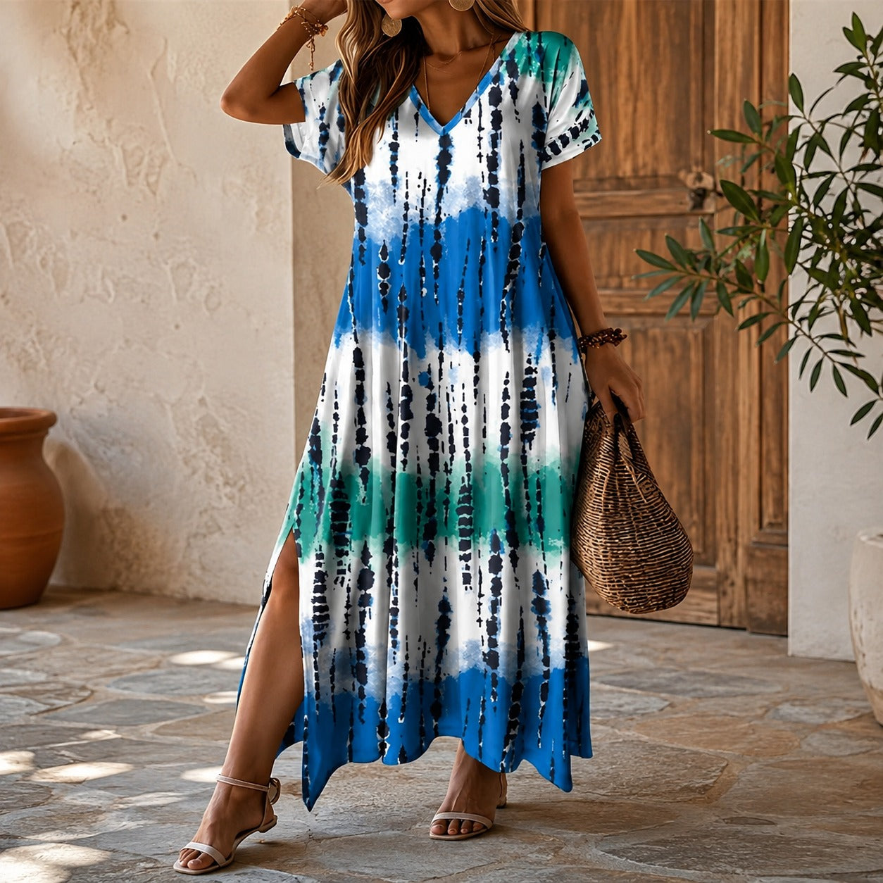 Vestido Longo Verena™ com Estampa Ornamental, Decote V e Fendas Laterais