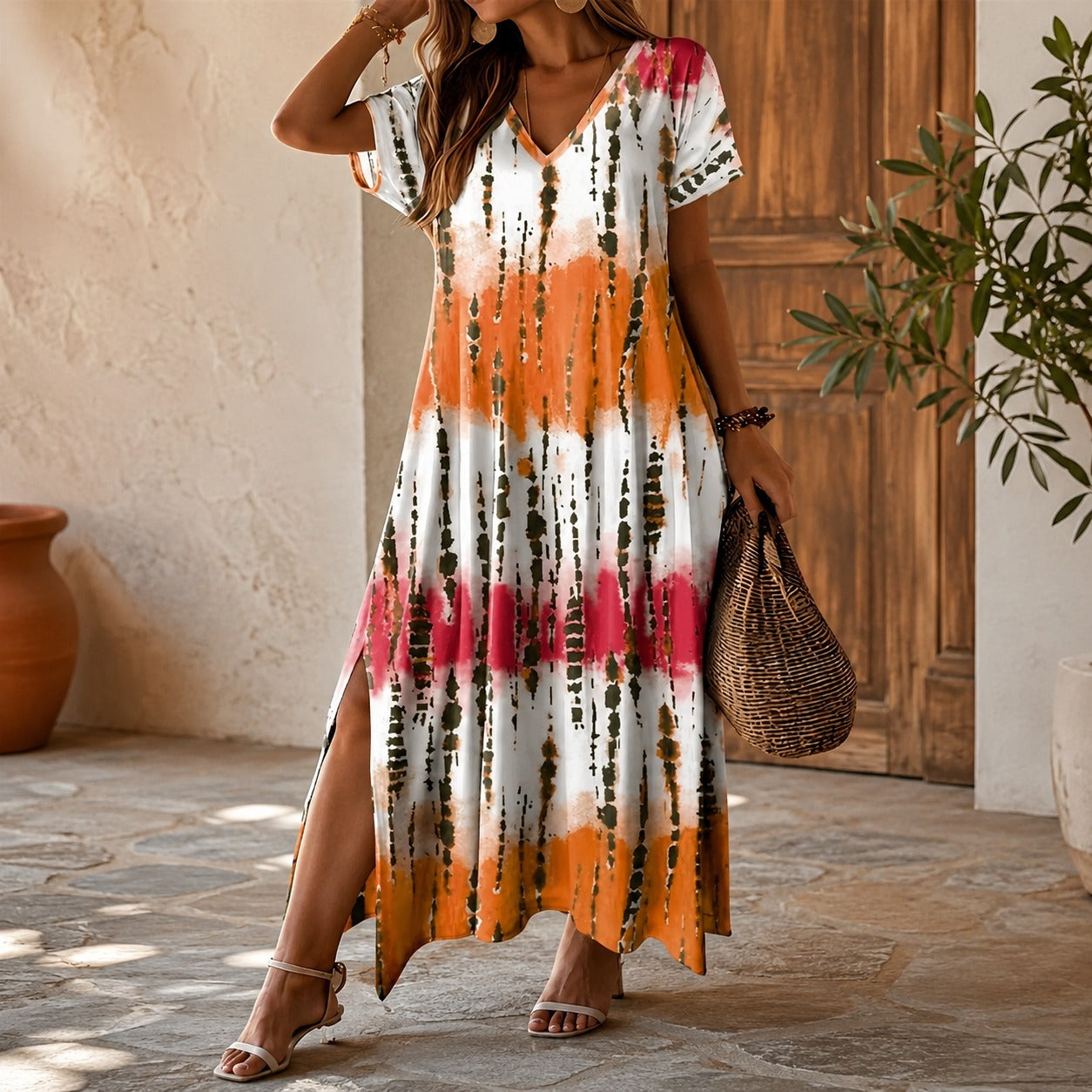 Vestido Longo Verena™ com Estampa Ornamental, Decote V e Fendas Laterais