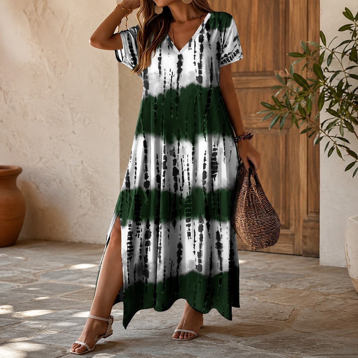 Vestido Longo Verena™ com Estampa Ornamental, Decote V e Fendas Laterais